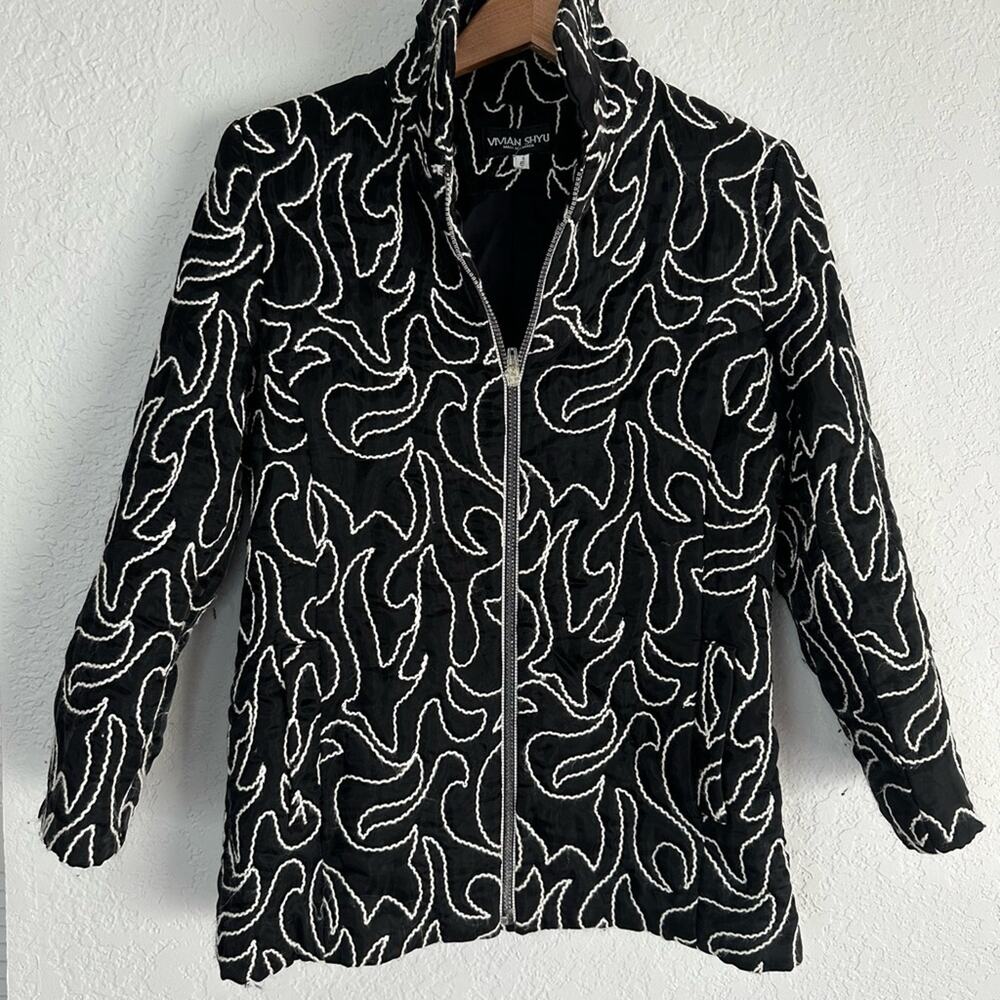 Vivian Shyu Black Embroidered Quilted Full Zip Jacket Blazer Glam Designer